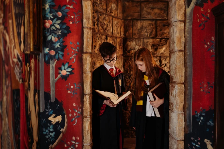 a couple of people standing next to each other, by Helen Stevenson, pexels contest winner, hogwarts gryffindor common room, kids, spells practice, production photo