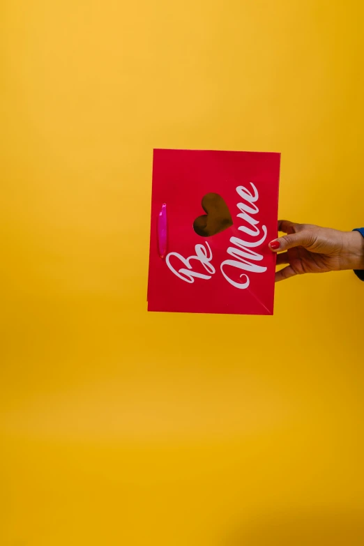 a person holding a red box with a heart on it, pexels, pop art, holding a gold bag, on yellow paper, essence, back - shot