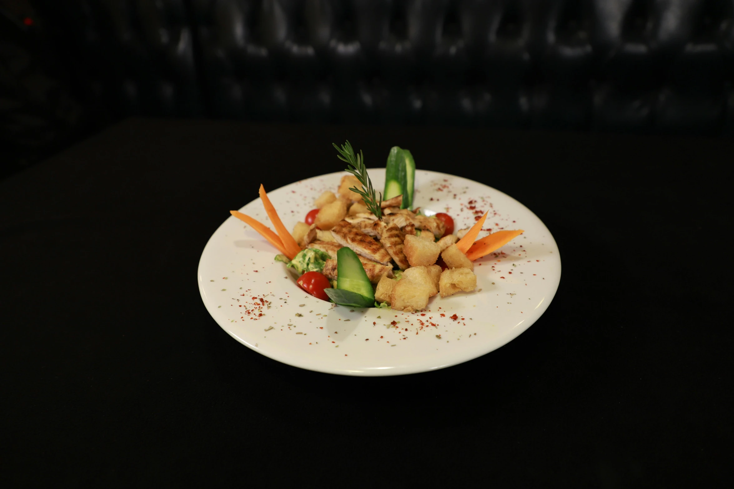 a close up of a plate of food on a table, square, indoor picture, oriental fantasy, medium level shot