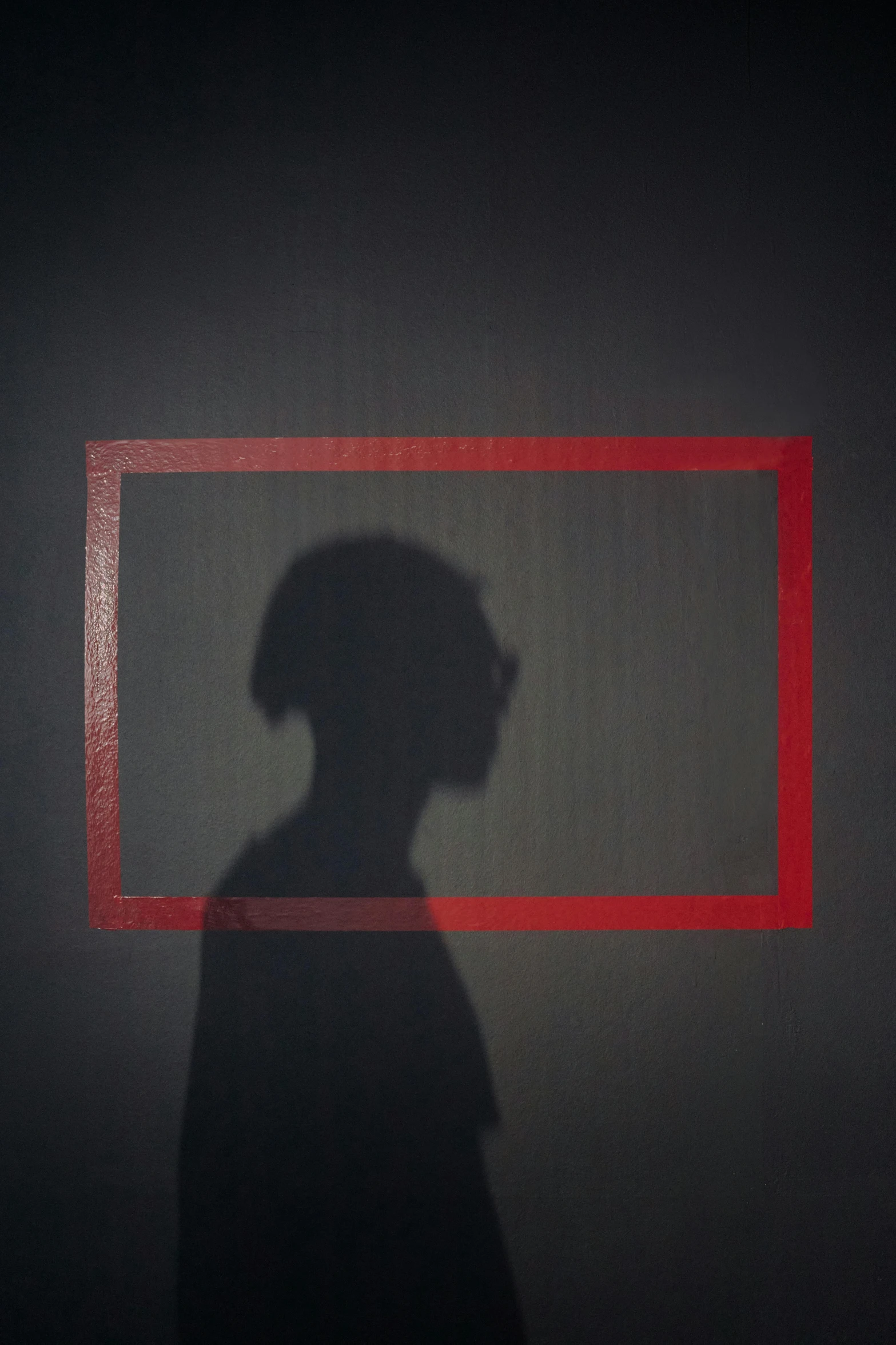 a shadow of a person standing in front of a television, by Attila Meszlenyi, pexels contest winner, conceptual art, with a red halo over her head, rectangle, on a gray background, framed