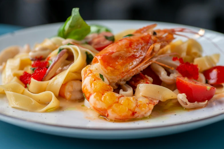 a white plate topped with pasta and shrimp, by Carlo Martini, yan gisuka, 3 4 5 3 1, multicoloured, medium closeup