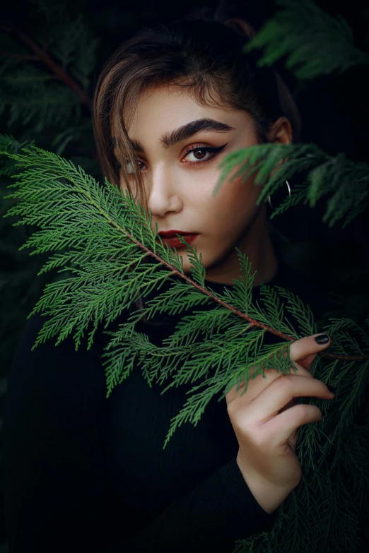 a woman holding a branch in front of her face, an album cover, inspired by Elsa Bleda, trending on pexels, deep green eyes, 🤤 girl portrait, black fir, holiday vibe