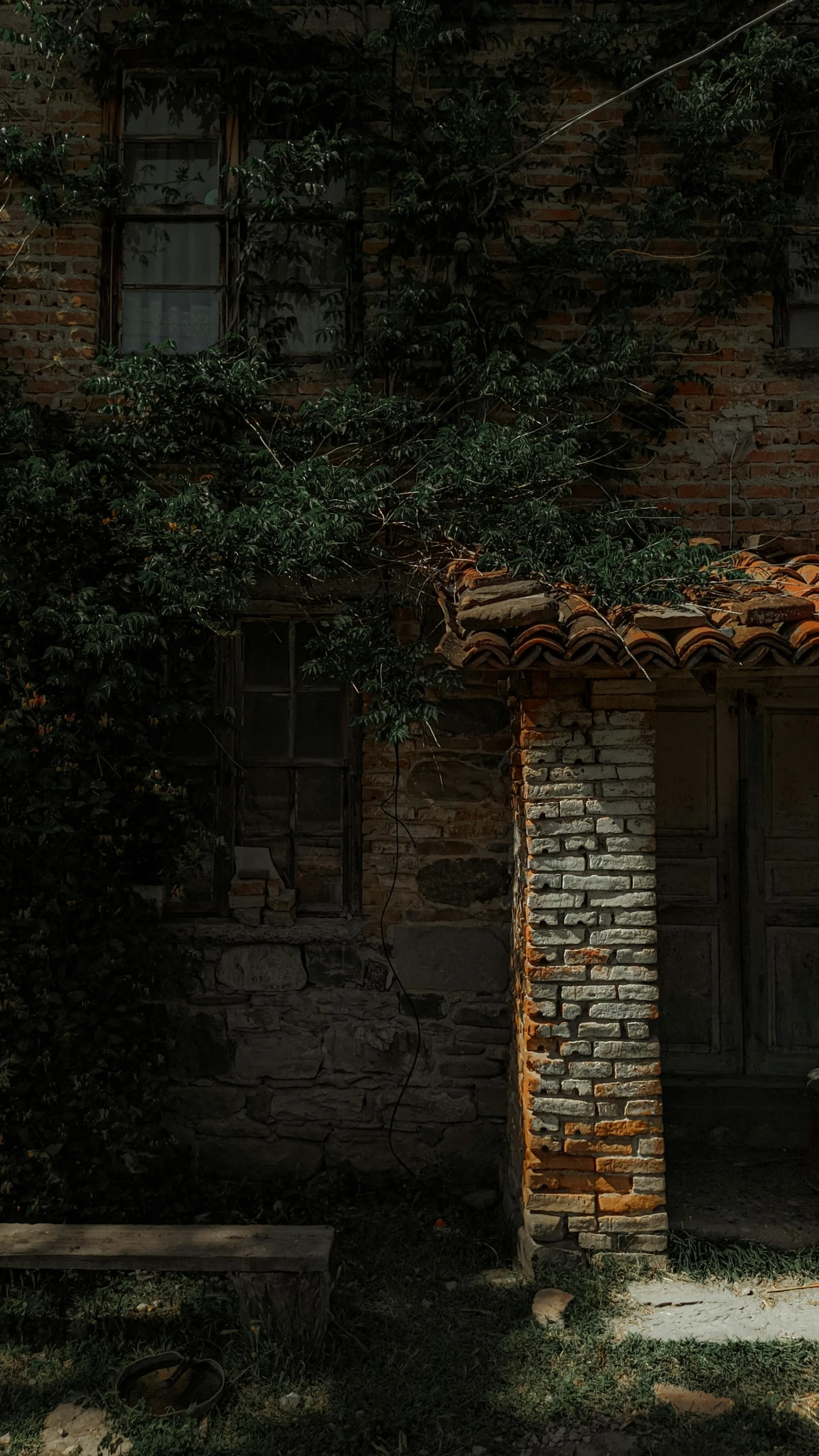 a red fire hydrant sitting in front of a brick building, a picture, inspired by Elsa Bleda, realism, paul barson, ancient mediterranean village, taken with sony alpha 9, vine covered