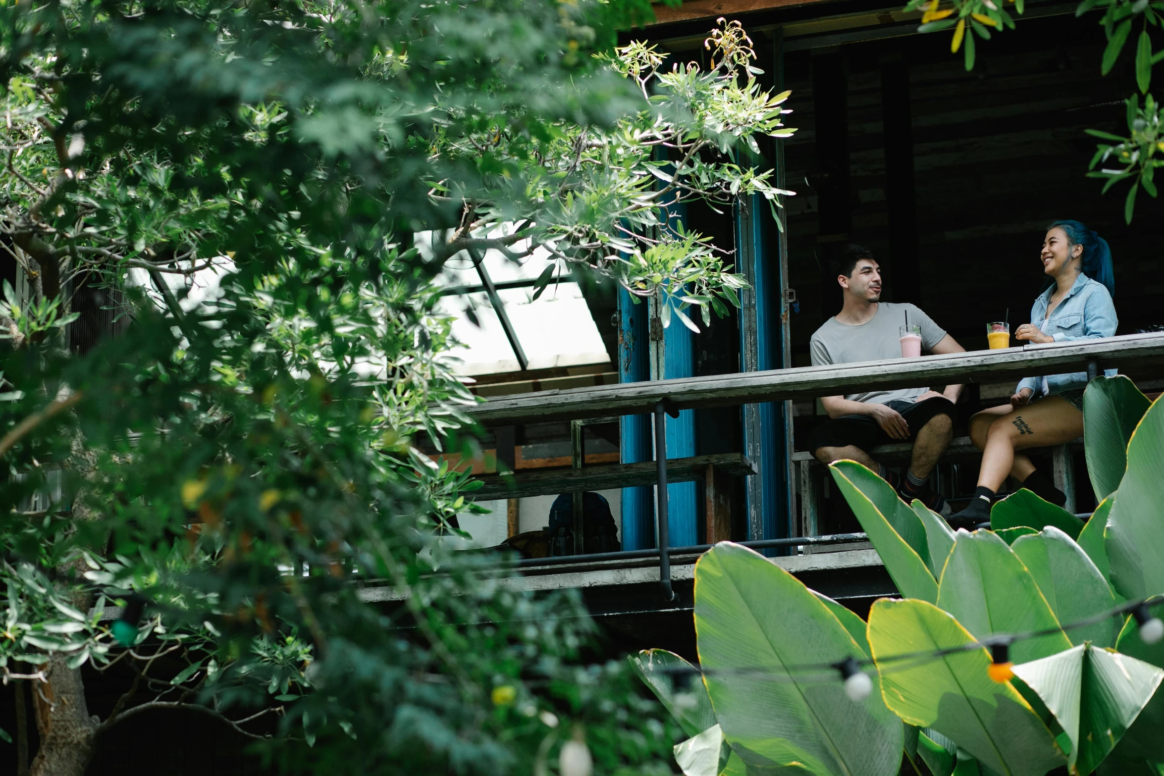 a couple of people that are sitting on a porch, unsplash, happening, jungle around him, perched in a tree, lachlan bailey, ecovillage