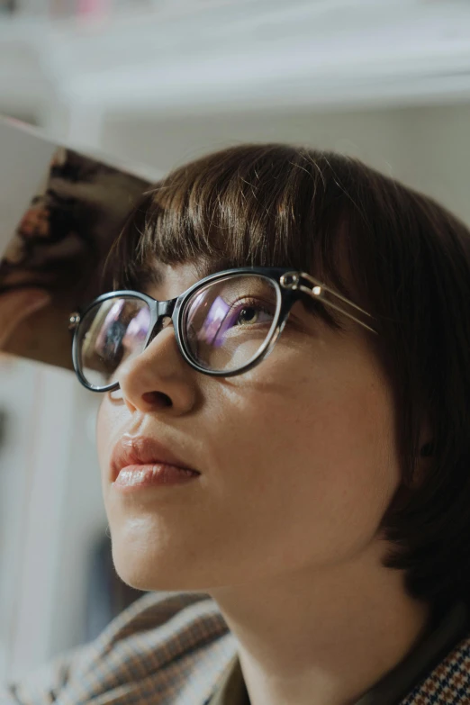 a woman brushing her hair with a blow dryer, pexels contest winner, hyperrealism, wearing reading glasses, avatar image, close - up profile, portrait of max caulfield