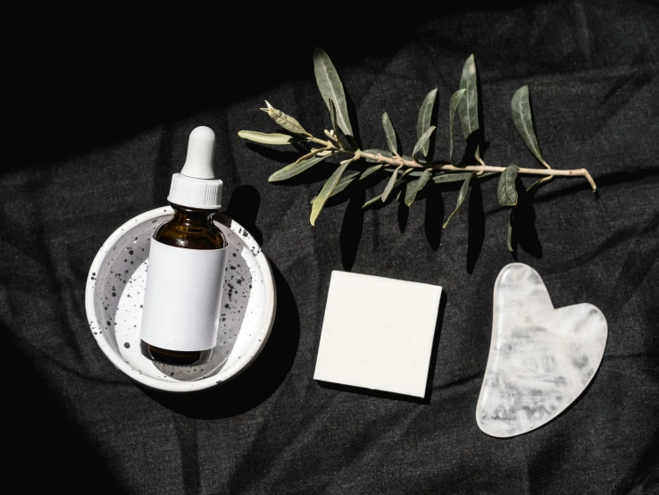 a bottle of essential oil sitting next to a soap dish, a marble sculpture, inspired by Ceferí Olivé, trending on pexels, minimalism, white on black, small vials and pouches on belt, olive trees, on black background