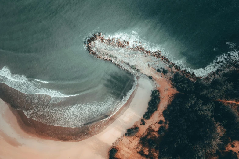 a large body of water next to a sandy beach, by Daniel Lieske, pexels contest winner, birdseye view, very detailed curve, mind - bending, on a canva