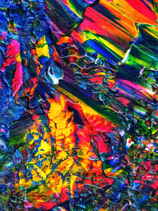 a close up of a multicolored painting, a detailed painting, inspired by Umberto Boccioni, trending on pexels, abstract art, bright microscopic view realism, dichroic, hypersaturated, shattered abstractions