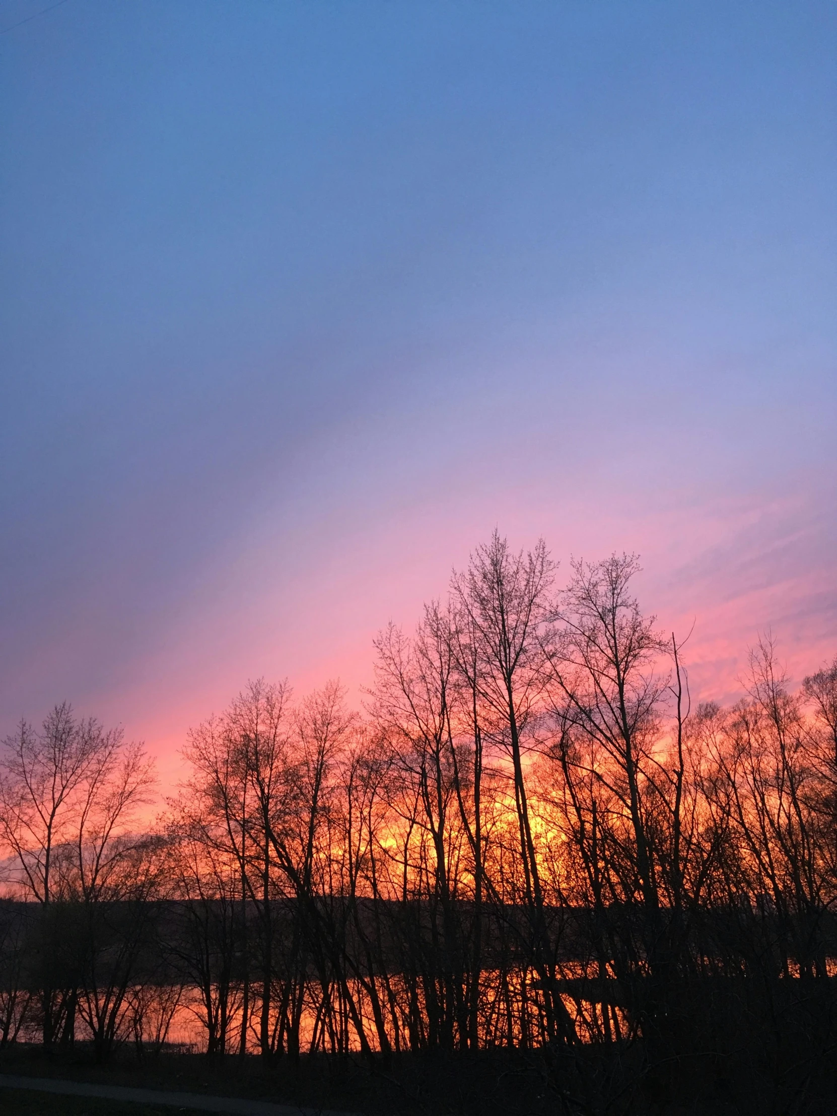 a sunset over a body of water with trees in the foreground, by Anato Finnstark, pexels contest winner, shades of pink and blue, winter setting, sky is orangish outside, low quality photo