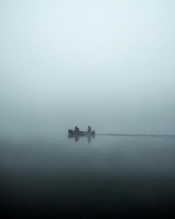 two people in a boat on a foggy lake, pexels contest winner, minimalism, dark dingy, ignant, fishing, ilustration