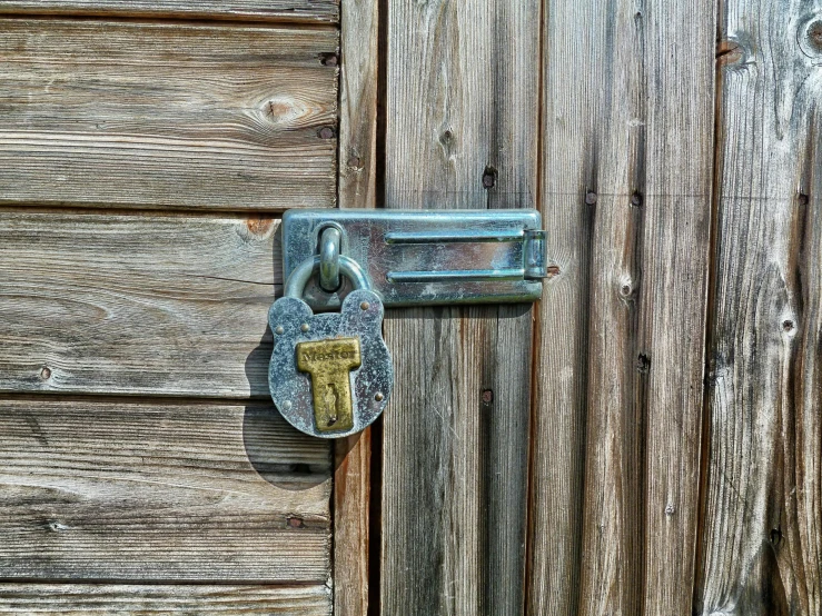 a close up of a lock on a wooden door, an album cover, by Niels Lergaard, pixabay, outdoor photo, ready to eat, covered in, high - detailed