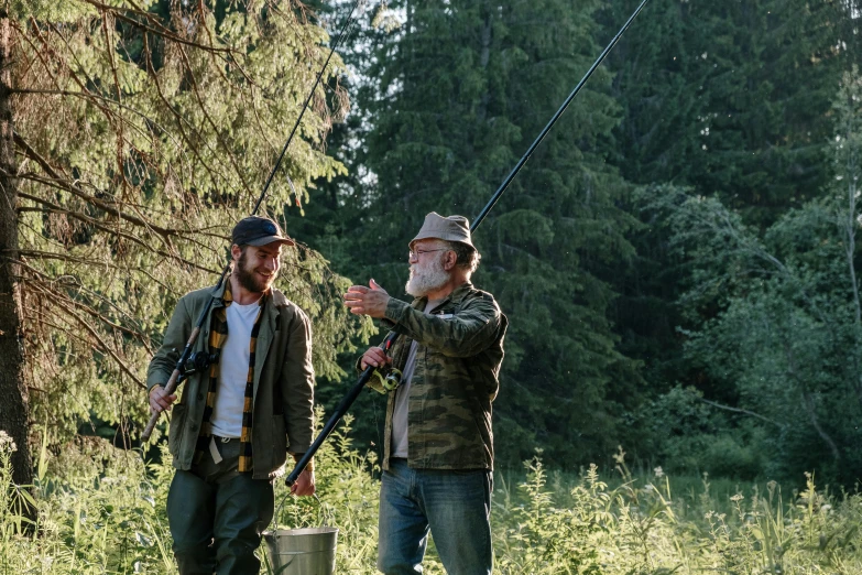 a couple of men standing next to each other on a field, fishing, speilberg movie, forest picnic, on location