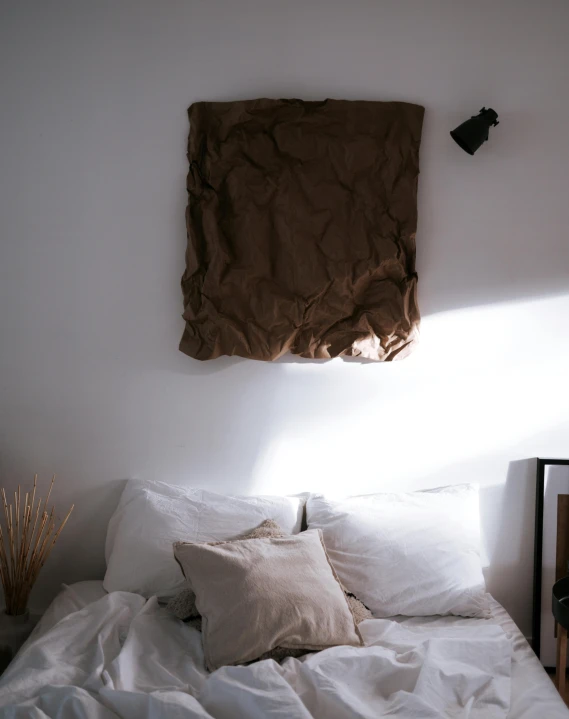 a bed room with a neatly made bed, inspired by Elsa Bleda, unsplash contest winner, light and space, brown:-2, plaster, image of random arts, linen