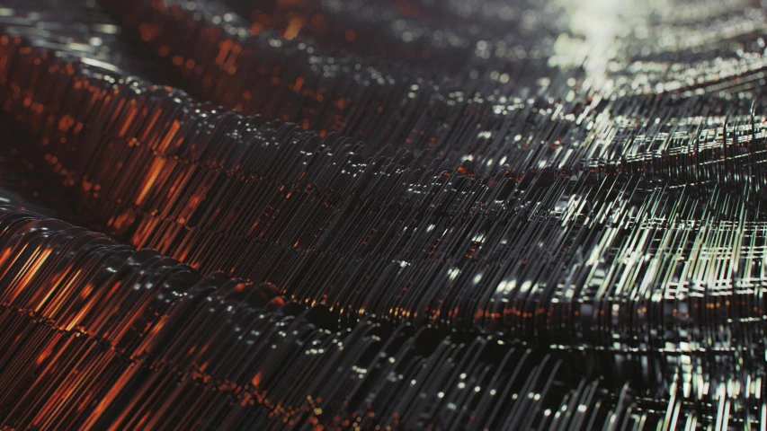 a close up of a bunch of metal rods, a digital rendering, by Adam Marczyński, generative art, black resin, jelly - like texture, 8k fabric texture details, long cinematic shot