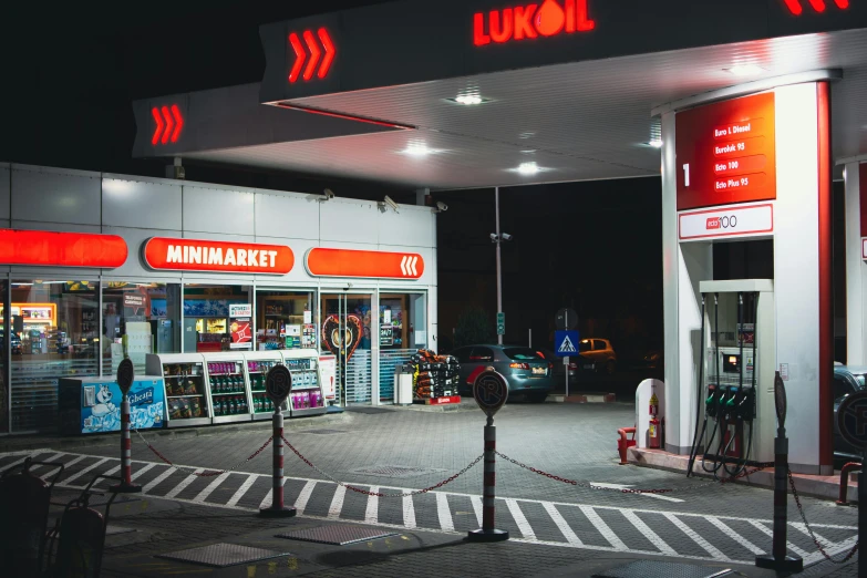 a gas station is lit up at night, a stock photo, pexels contest winner, hyperrealism, square, kramskoi 4 k, red and white neon, luxury and elite