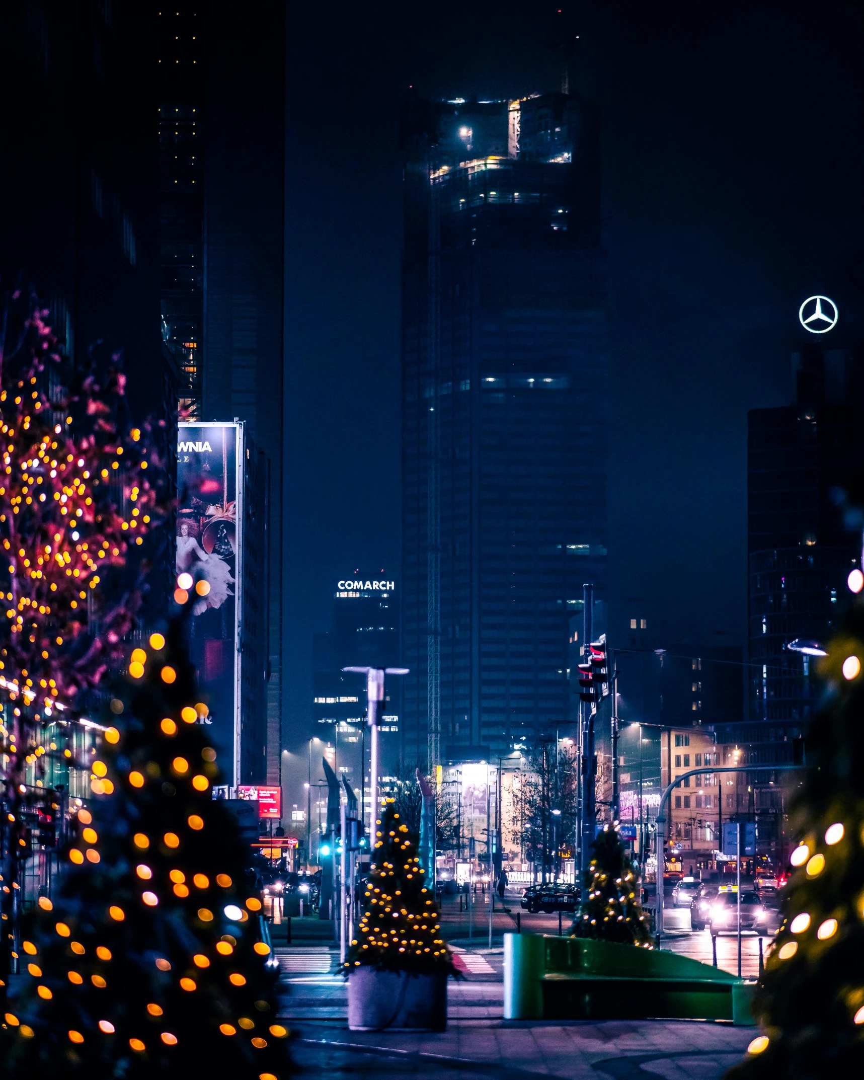 a christmas tree in the middle of a city at night, pexels contest winner, happening, 🚿🗝📝, berlin city, neon signs in the distance, thumbnail