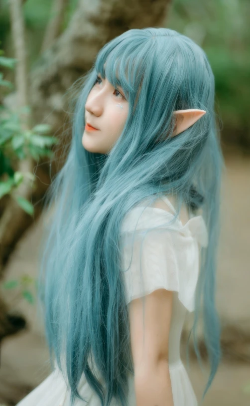 a close up of a person with long blue hair, by Sengai, unsplash, portrait of an elf, low quality photo, ulzzang, 2263539546]