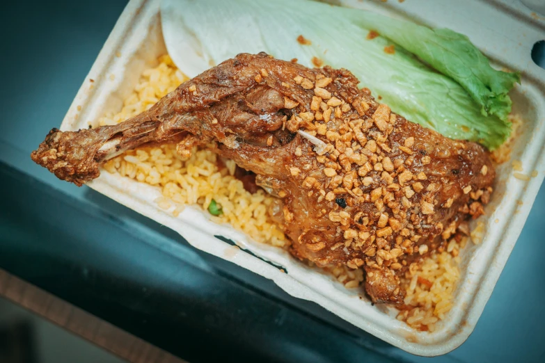 a meal in a styrofoam container on a table, a picture, unsplash, hurufiyya, bone wings, “pig, background image, south east asian with long