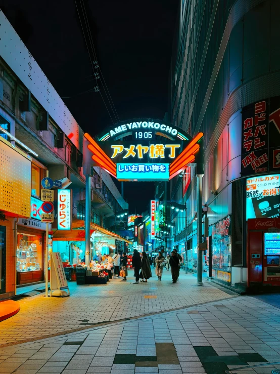 a group of people walking down a street at night, inspired by Kanō Naizen, unsplash contest winner, ukiyo-e, bright signage, teal neon lights, lots of shops, 🚿🗝📝