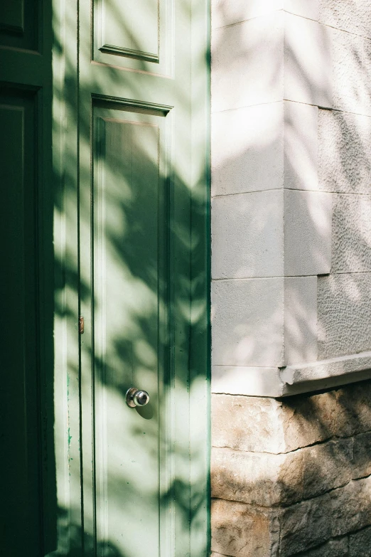 a red fire hydrant sitting on the side of a building, by Sven Erixson, trending on unsplash, large tree casting shadow, exiting from a wardrobe, gradient green, wood door