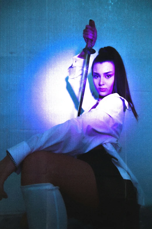 a woman sitting on top of a toilet holding a knife, an album cover, antipodeans, madison beer, with lightsaber sword, in a menacing pose, profile image