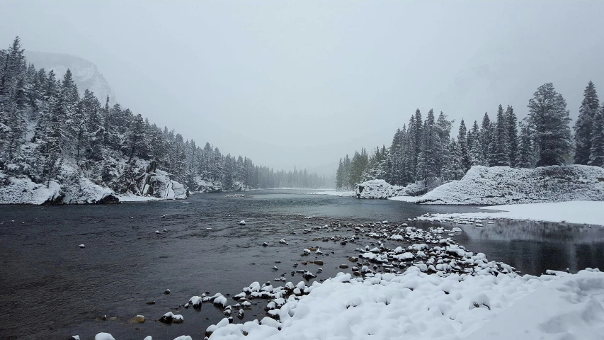 a river running through a forest covered in snow, a picture, by Jessie Algie, hurufiyya, overcast lake, promo image, fishing, niele toroni