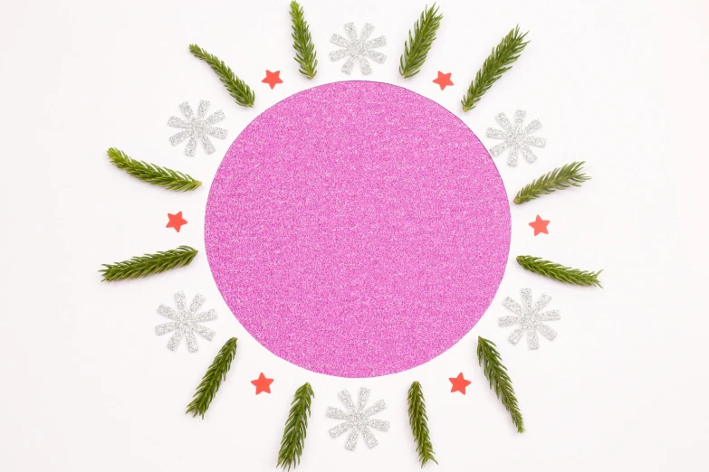 a pink circle surrounded by pine branches and snowflakes, inspired by Itō Seiu, pexels contest winner, pointillism, planets and stars, fabric embroidery, made of holographic texture, bright sun