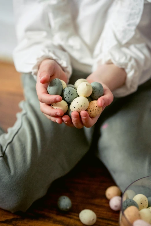 a child sitting on the floor holding a handful of small eggs, a picture, by Paul Bird, unsplash, organic ornaments, full product shot, soft colours, slate