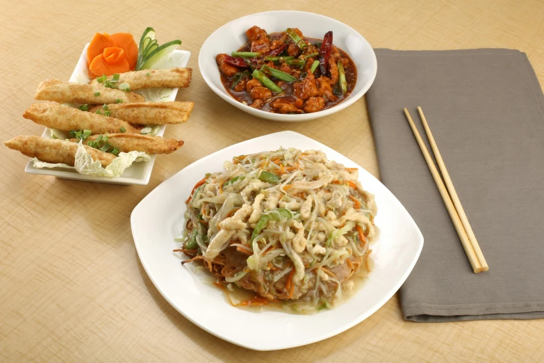 a table topped with plates of food and chopsticks, a picture, full product shot, square, kakar cheung, medium detail