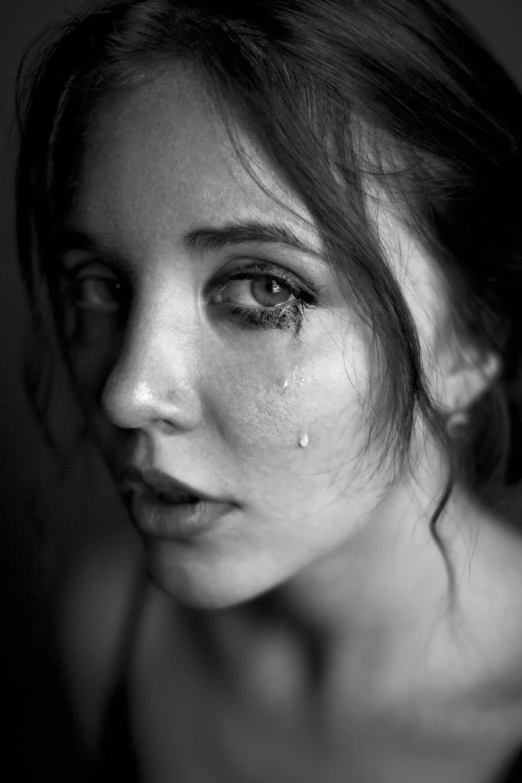 a woman with tears on her face, a black and white photo, featured on cgsociety, hyperrealism, 🤤 girl portrait, and, high definition cgsociety, portrait featured on unsplash