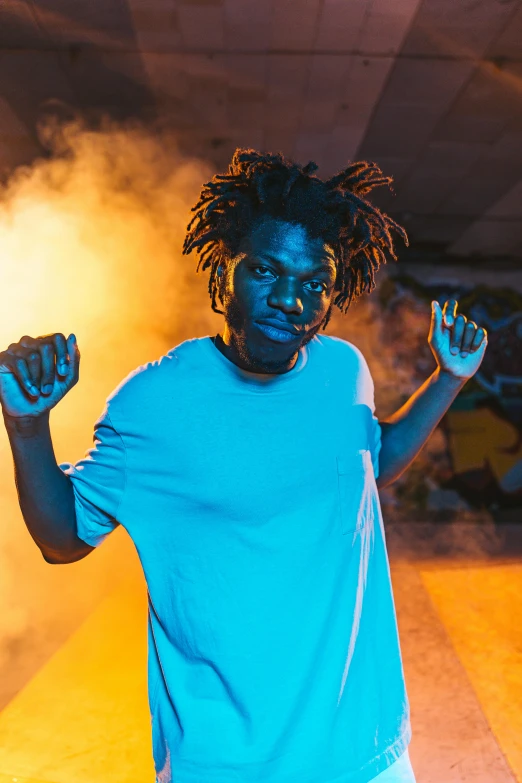 a man with dreadlocks standing on a skateboard, by Charles Martin, trending on unsplash, portrait photo of a backdrop, lit up, black man with afro hair, at a rave