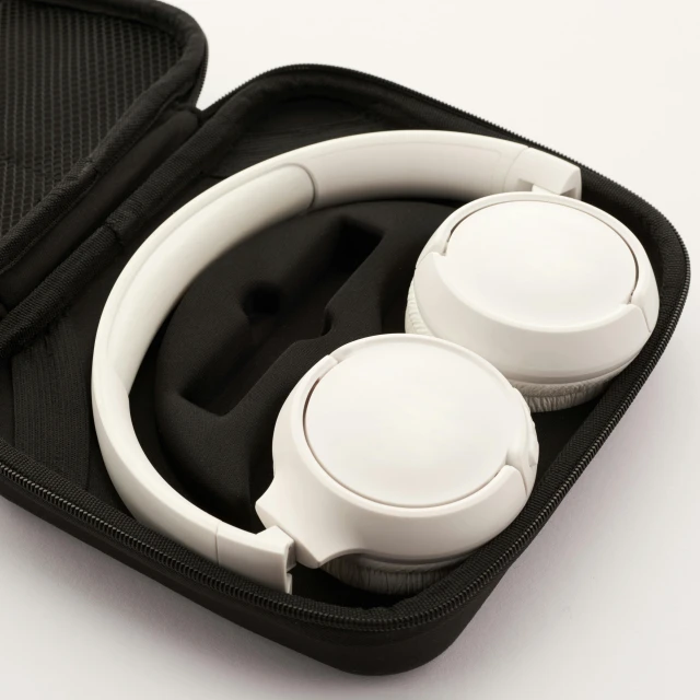 a pair of white headphones in a black case, by Paul Bird, hurufiyya, quick assembly, silicone cover, sony, 360º