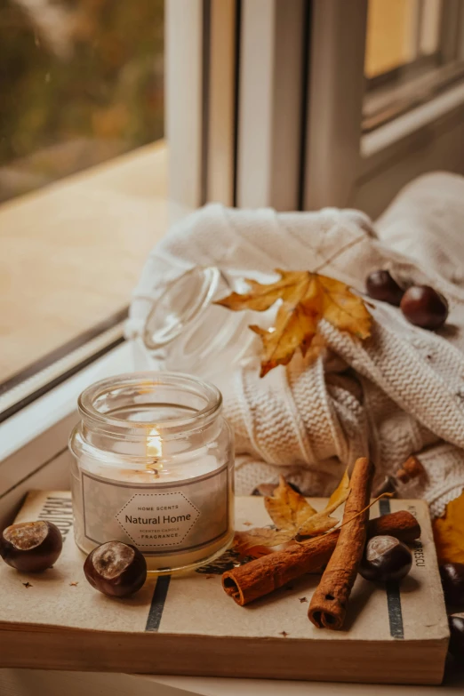 a candle sitting on top of a wooden tray next to a window, autumn leaves falling, full product shot, cosy, honey