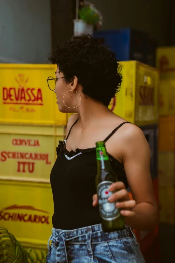 a couple of women standing next to each other, by Sven Erixson, pexels contest winner, holding beer bottles, hispanic, profile image, curly haired