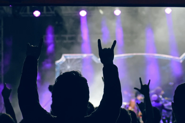 a crowd of people at a concert with their hands in the air, a cartoon, pexels contest winner, aestheticism, with horns, metalhead, avatar image, billboard image