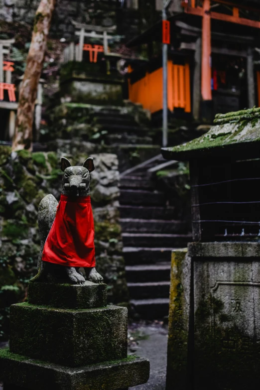 a statue of a dog wearing a red coat, a statue, inspired by Torii Kiyomasu, pexels contest winner, wearing a grey robe, mysterious temple setting, mouse guard, 4k-