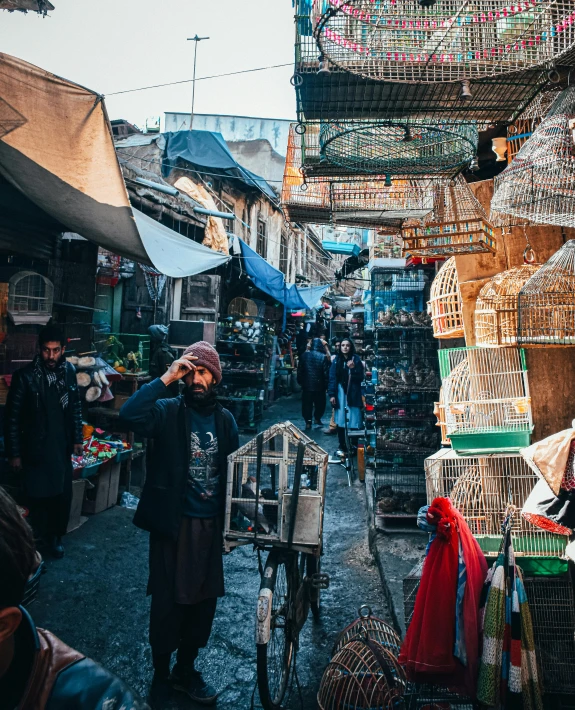 a man talking on a cell phone in a market, an album cover, pexels contest winner, qajar art, cages, alley, panorama shot, 🦩🪐🐞👩🏻🦳