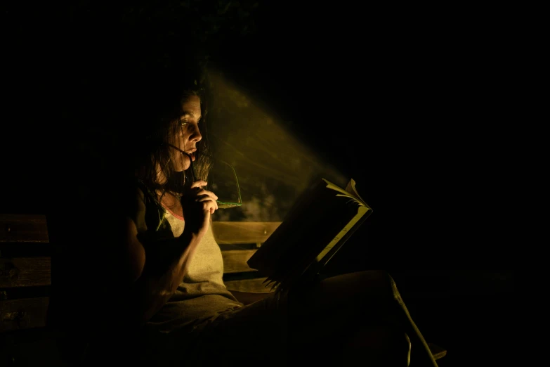 a woman sitting on a bench using a laptop computer, pexels contest winner, australian tonalism, reading an evil demonic book, under a spotlight, village girl reading a book, smoky lighting