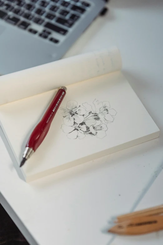 a pen sitting on top of a piece of paper next to a laptop, an ink drawing, inspired by Kikuchi Yōsai, academic art, natural point rose', silver and crimson ink, white sketchbook style, set against a white background