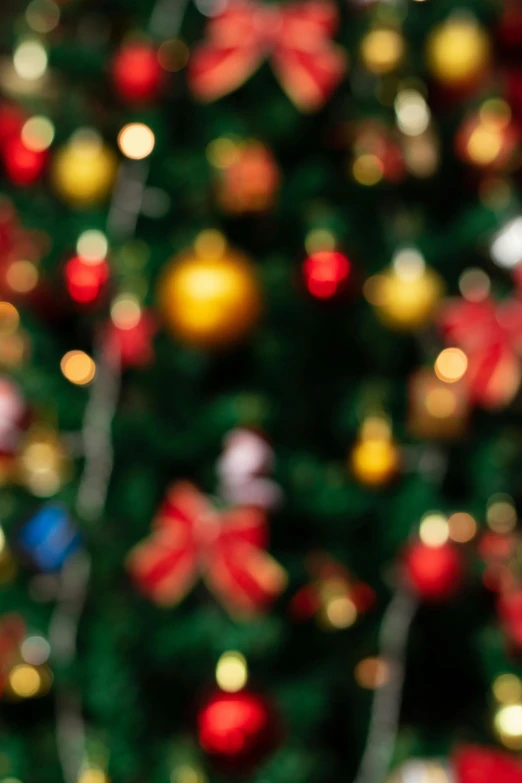 a teddy bear sitting in front of a christmas tree, zoomed in, multicoloured, background blurred, zoomed out to show entire image