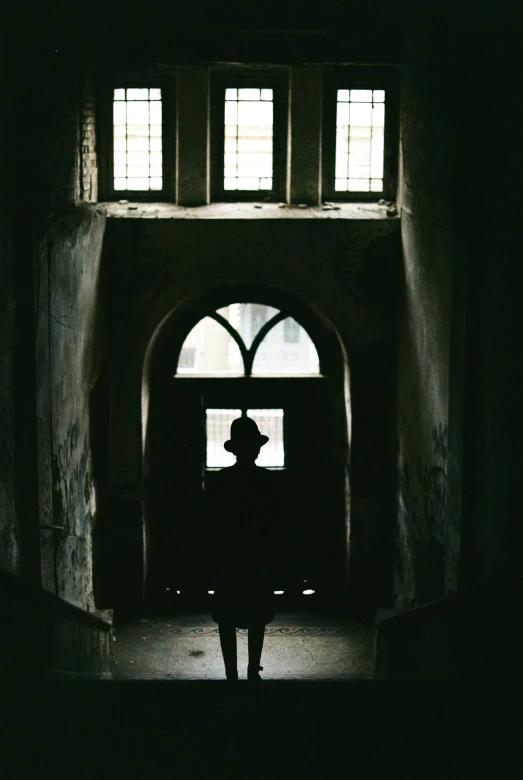 a silhouette of a person standing in front of a window, old gothic crypt, dark hat, instagram picture, silhouette :7