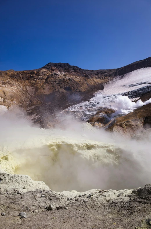 a large body of water with steam coming out of it, by Hallsteinn Sigurðsson, mountains of ice cream, sulfur, circle pit, high snow