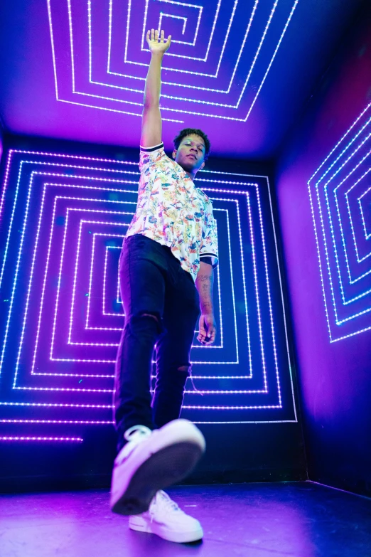 a man flying through the air while riding a skateboard, a hologram, pexels, holography, brightly lit purple room, ray william johnson, pose(arms up + happy), neon ligh