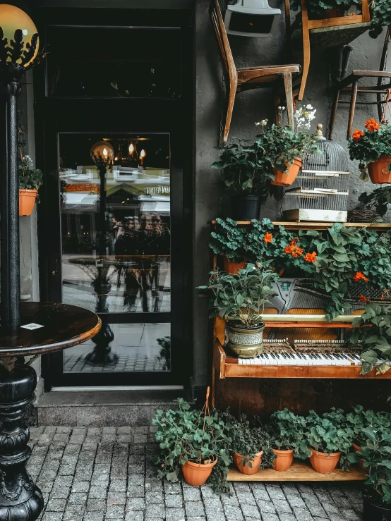 a piano outside of a restaurant with potted plants, by Jan Tengnagel, trending on unsplash, shop front, multiple stories, half image