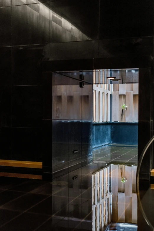a bath room with a toilet a sink and a mirror, an album cover, inspired by Peter Zumthor, unsplash, modernism, elegant walkways between towers, black marble and gold, dramatic lighting; 4k 8k, thumbnail