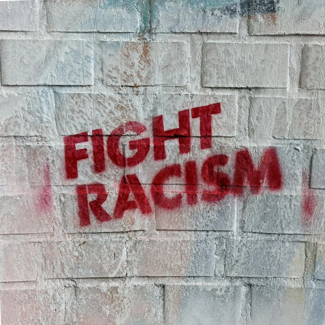 graffiti on a brick wall that says fight racism, inspired by Emory Douglas, instagram picture, stockphoto, background image, white