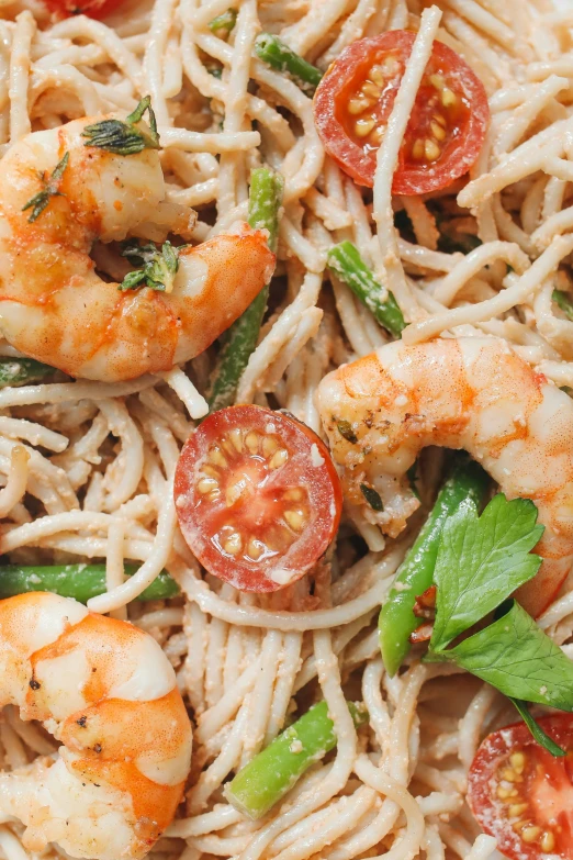 a plate of pasta with shrimp and tomatoes, by Carey Morris, bottom body close up, hemp, wok, trending on