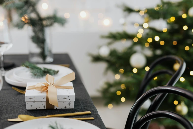 a white plate topped with a present next to a christmas tree, pexels contest winner, private press, long table, background image, grey and gold color palette, two plastic chair behind a table