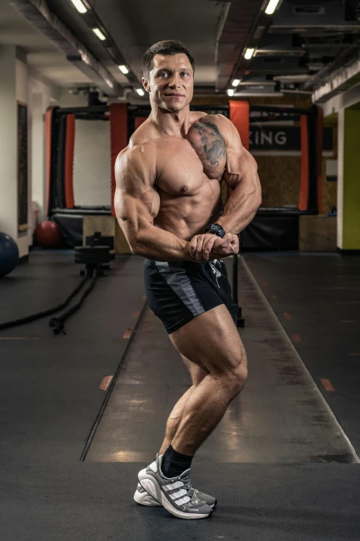 a man posing for a picture in a gym, by Sam Charles, very strong and muscular man, lynn skordal, frontal pose, posed