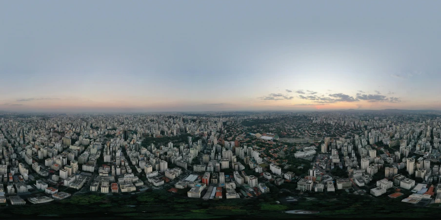 a panoramic view of a city at sunset, by Luis Miranda, pexels contest winner, hyperrealism, sao paulo, 360 degree view, high quality photo, airborne view